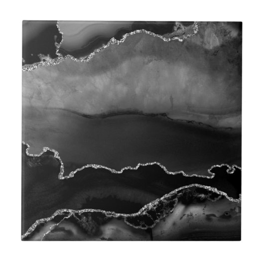 Faux Black Marged Agate Elegant Silver Glitter Tegeltje (Voorkant)