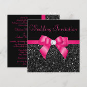Faux Black Sequins en Hot Pink Bow Wedding Kaart (Voorkant / Achterkant)