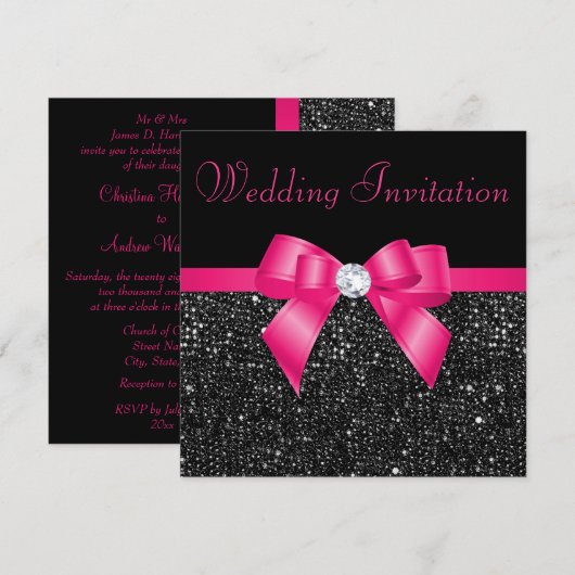 Faux Black Sequins en Hot Pink Bow Wedding Kaart (Voorkant / Achterkant)