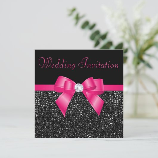 Faux Black Sequins en Hot Pink Bow Wedding Kaart (Staand voorkant)
