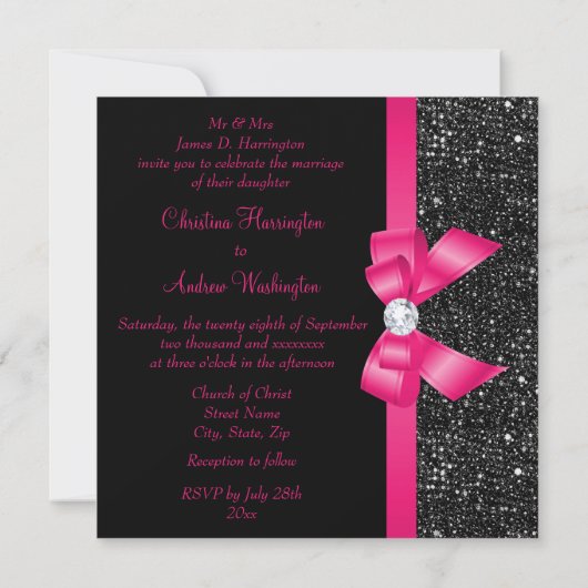 Faux Black Sequins en Hot Pink Bow Wedding Kaart (Achterkant)