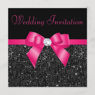Faux Black Sequins en Hot Pink Bow Wedding Kaart