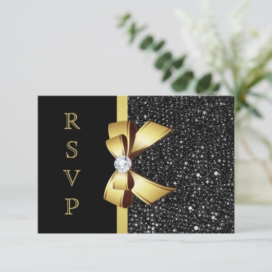 Faux Black Sequins Gold Bow RSVP (Staand voorkant)