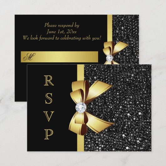 Faux Black Sequins Gold Bow RSVP (Voorkant / Achterkant)