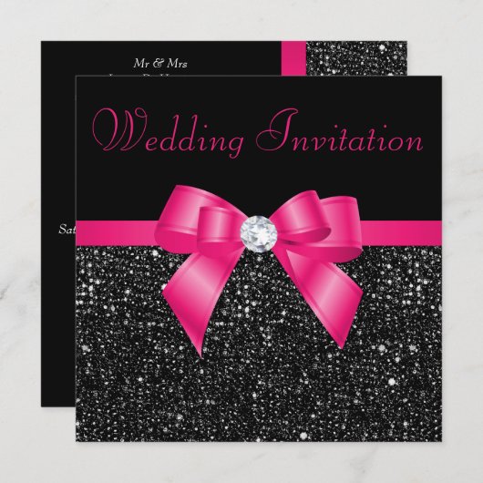 Faux Black Sequins Hot Pink Bow Wedding Kaart (Voorkant / Achterkant)