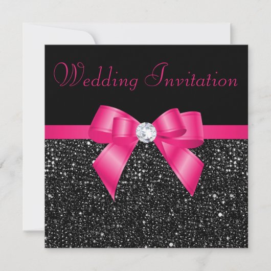 Faux Black Sequins Hot Pink Bow Wedding Kaart (Voorkant)