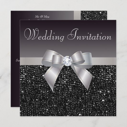 Faux Black Sequins, Silver Bow en Diamond Wedding Kaart (Voorkant / Achterkant)