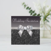 Faux Black Sequins, Silver Bow en Diamond Wedding Kaart (Staand voorkant)