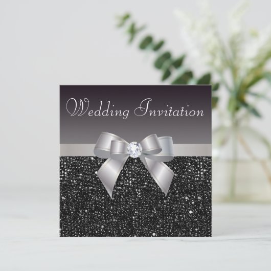 Faux Black Sequins, Silver Bow en Diamond Wedding Kaart (Staand voorkant)