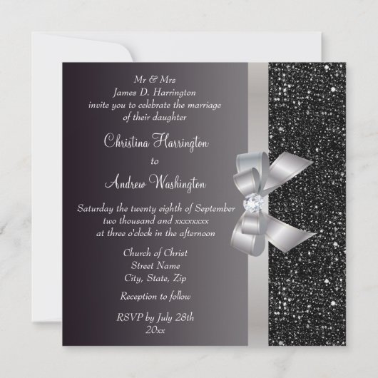 Faux Black Sequins, Silver Bow en Diamond Wedding Kaart (Achterkant)