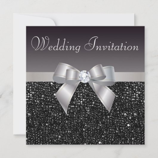 Faux Black Sequins, Silver Bow en Diamond Wedding Kaart (Voorkant)