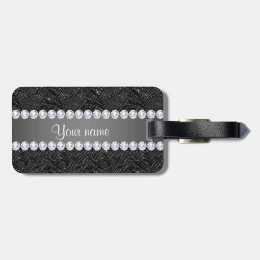Faux Black Sequins Sparkles and Diamonds Bagagelabel (Achterkant horizontaal)