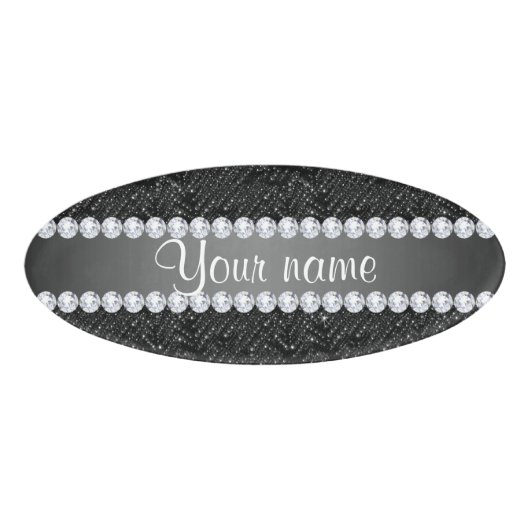 Faux Black Sequins Sparkles and Diamonds Naambadge (Voorkant)