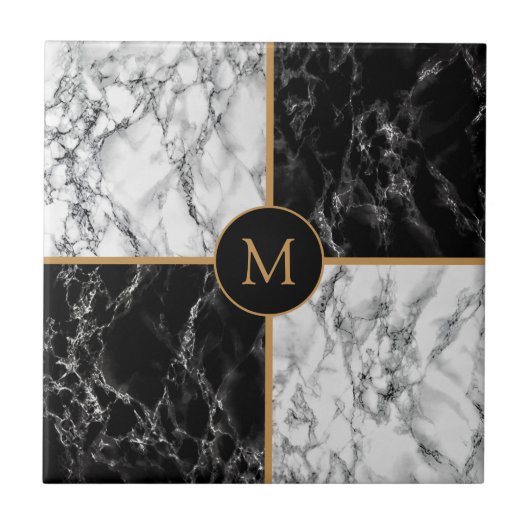 Faux Black White Check Marble Monogram Special Tegeltje (Voorkant)