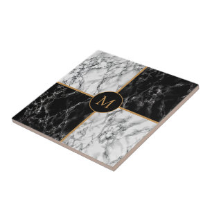 Faux Black White Check Marble Monogram Special Tegeltje