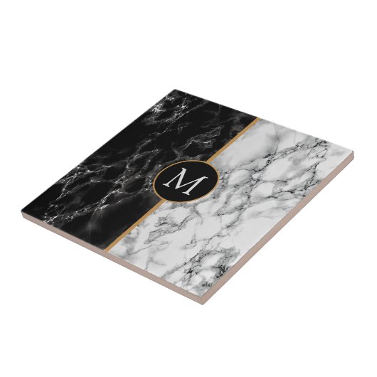 Faux Black White Marble Ceramic Tegel - Monogram Tegeltje (Zijkant)