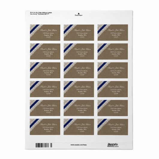 FAUX blauw aas, burlap, label met retouradres (Full Sheet)