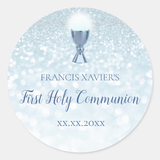 FAUX blauw glitter Eerste Communie Ronde Sticker (Voorkant)