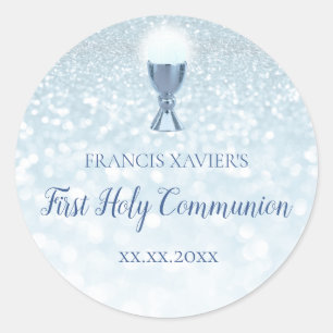 FAUX blauw glitter Eerste Communie Ronde Sticker