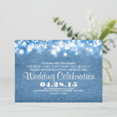 Faux blauw glitter string lichten bruiloft uitnodi kaart (Staand voorkant)