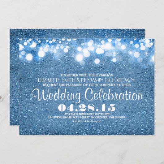 Faux blauw glitter string lichten bruiloft uitnodi kaart (Voorkant / Achterkant)