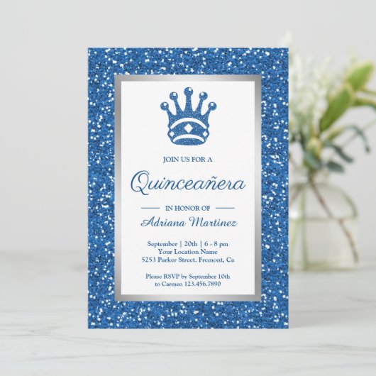 Faux Blauw Glitter Tiara Prinses Quinceanera Kaart (Staand voorkant)