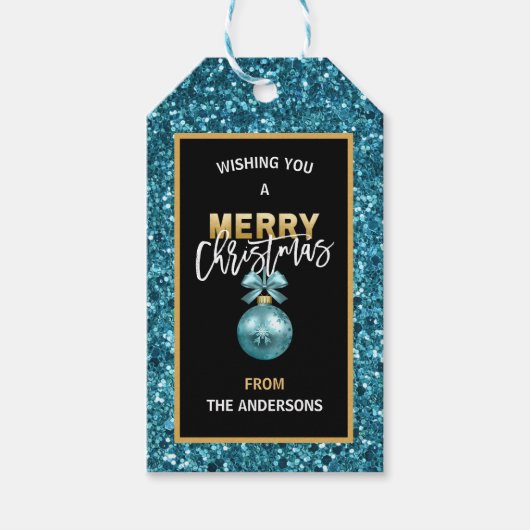 Faux Blauw Glitter Vrolijk Kerstmis Goud Bauble Cadeaulabel (Voorkant)