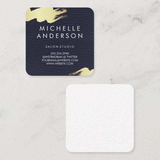 Faux blauw leder/goudpenseel vierkante visitekaartje (Voorkant / Achterkant)