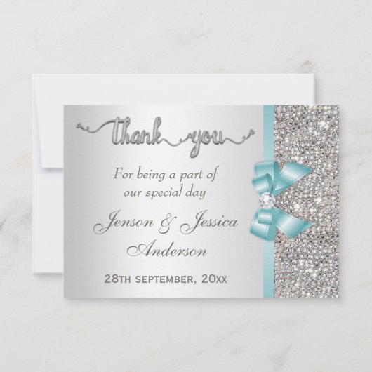 Faux Blauwgroen boog zilveren pailletten dank u br Bedankkaart (Achterkant)