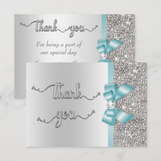 Faux Blauwgroen boog zilveren pailletten dank u br Bedankkaart (Voorkant / Achterkant)
