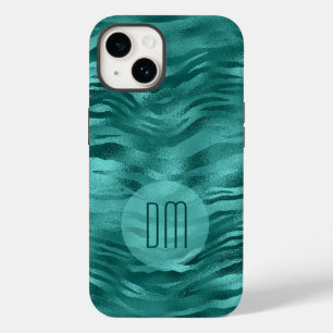 Faux Blauwgroen Folie Stripe Waves Monogram Case-Mate iPhone 14 Hoesje
