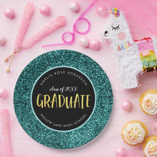 Faux Blauwgroen Glitter Afstuderen Afstuderen Papi Papieren Bordje (Feest)