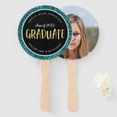 Faux Blauwgroen Glitter Afstuderen Foto Afstuderen Handwaaier (Voorkant en achterkant)