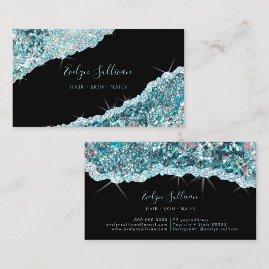 Faux Blauwgroen Glitter Sequin Visitekaartje (Voorkant / Achterkant)