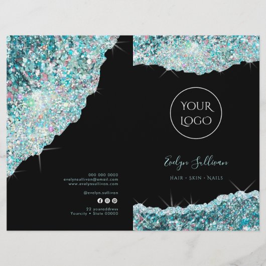 Faux blauwgroen glitter service menu brochure (Voorkant)