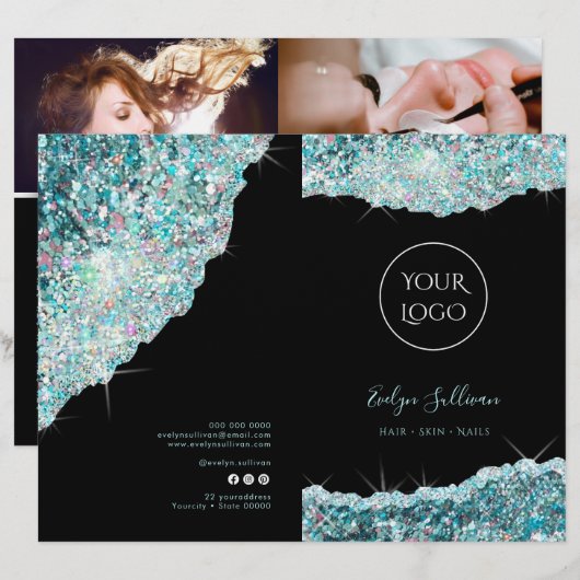 Faux blauwgroen glitter service menu brochure (Voorkant / Achterkant)