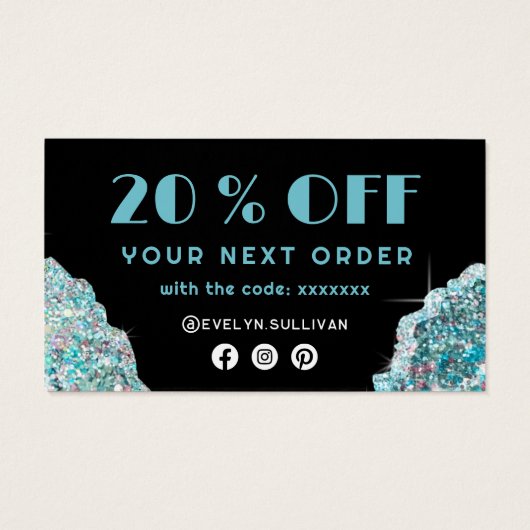 Faux blauwgroen glittersequentie met kortingskaart visitekaartje (Achterkant)
