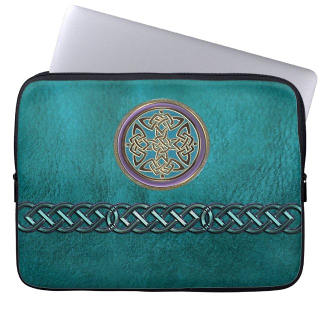 Faux Blauwgroen leder met Keltische niet-laptophoe Laptop Sleeve (Voorkant)