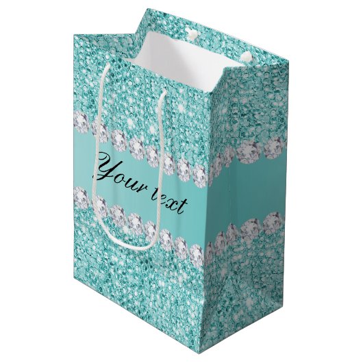 Faux Blauwgroen Sequins en Diamonds Medium Cadeauzakje (Voorkant Gekanteld)