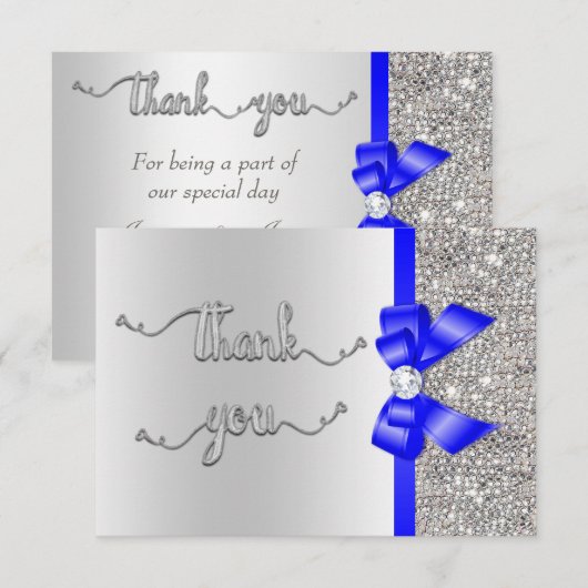 Faux Blue Bow Silver Sequins Bedankt voor je huwel (Voorkant / Achterkant)