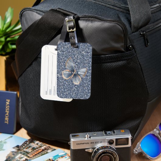Faux Blue Denim Butterfly Bagagelabel (Voorkant & Achterkant)