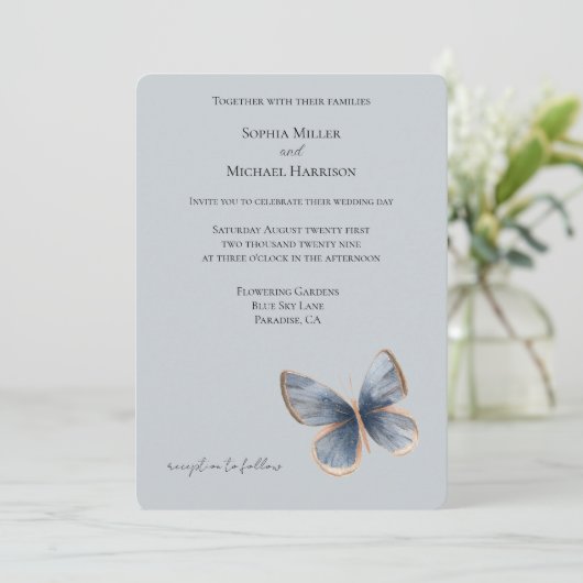 Faux Blue Denim Butterfly Wedding Kaart (Staand voorkant)