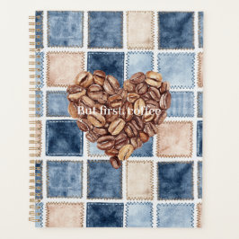 Faux Blue Denim Cream First Coffee Beans Heart Planner