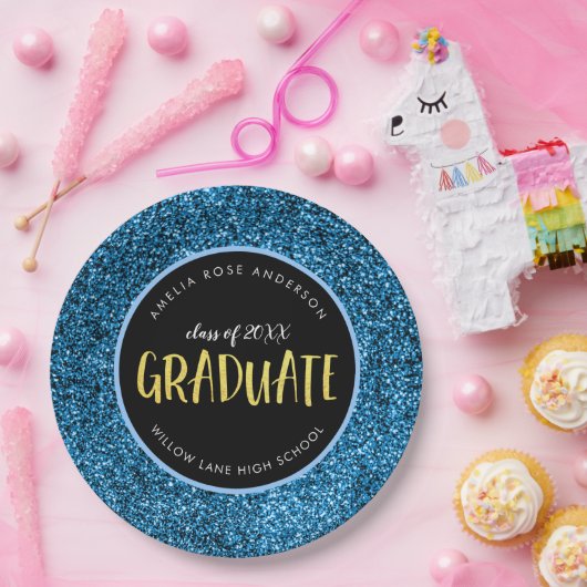 Faux Blue Glitter Afstuderen Afstuderen Paper Bord (Feest)