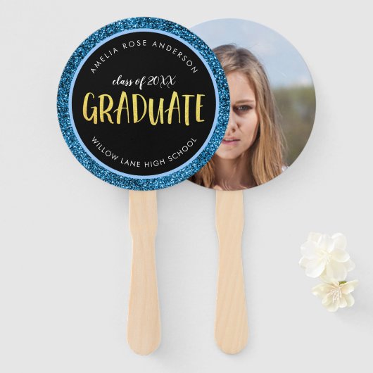 Faux Blue Glitter Afstuderen Foto Afstuderen Handwaaier (Voorkant en achterkant)