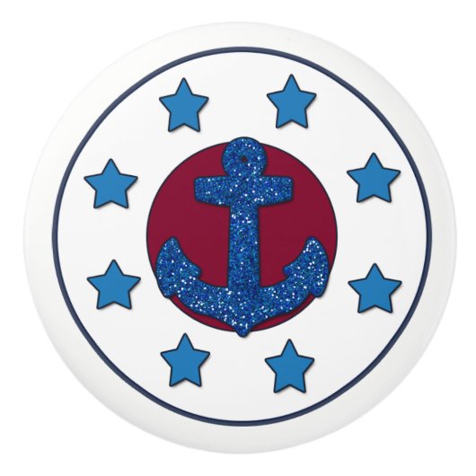 Faux Blue Glitter Anchor | Blauwe sterren Keramische Knop (Voorkant)
