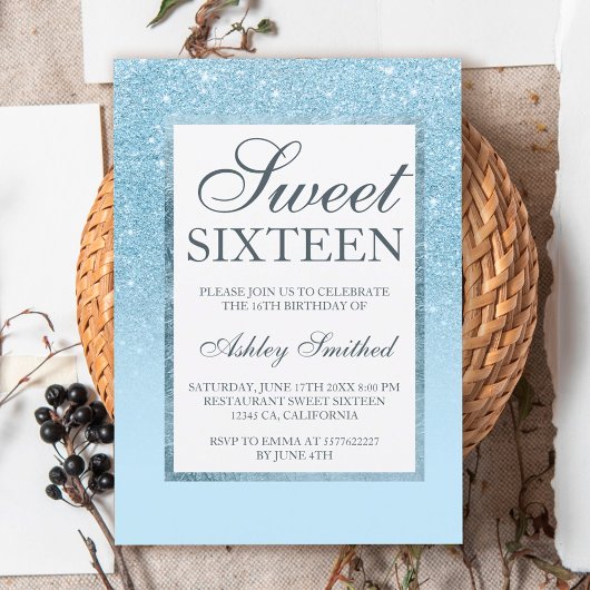 Faux blue glitter elegant chic Sweet 16 Kaart