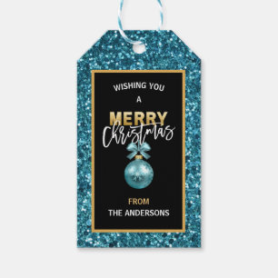 Faux Blue Glitter Merry Kerstmis Gold Bauble Cadeaulabel