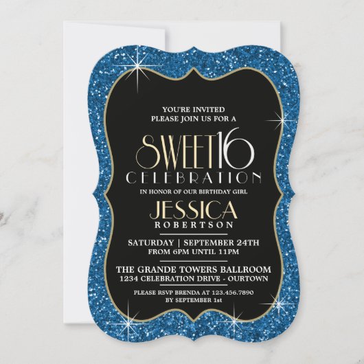  Faux Blue Glitter Sweet 16 Party Kaart (Voorkant)