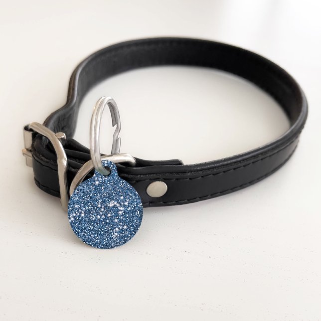 Faux Blue Glitter Texture Watch & Pet's Info Huisdierpenning (Creator heeft geüpload)